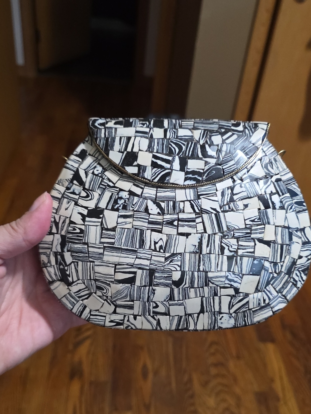 Ramla Handmade Black & White Mosaic Flap Crossbody Bag